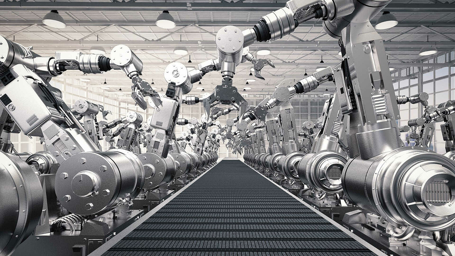 Production line with many robot arms.