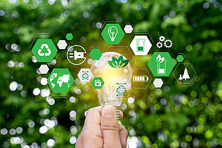 Light bulb with sustainability icons.